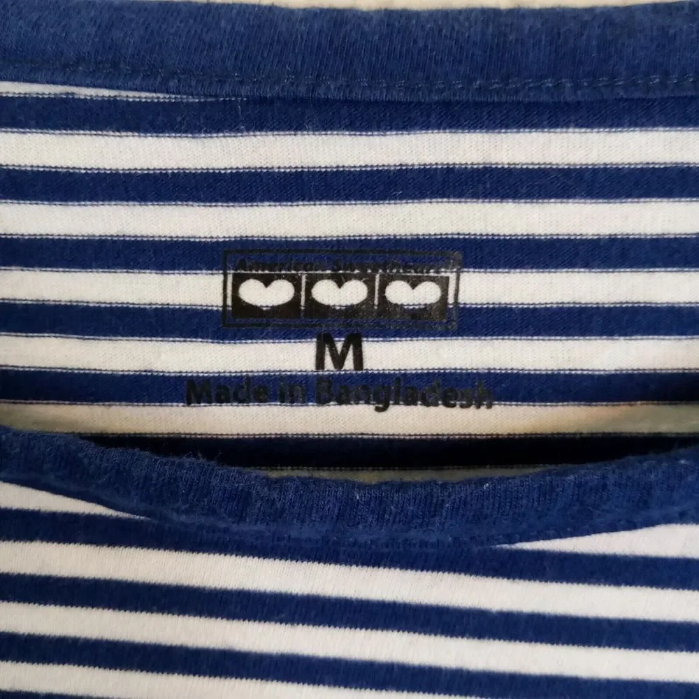 Three Hearts Medium Women's 3/4 Sleeve Top‎ CottonPoly Blue/White Striped - Picture 3 of 9